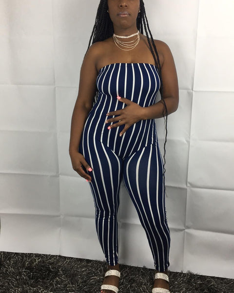 Striped Strapless Bodycon Jumpsuit-Blue - Oh, It's Me! Boutique