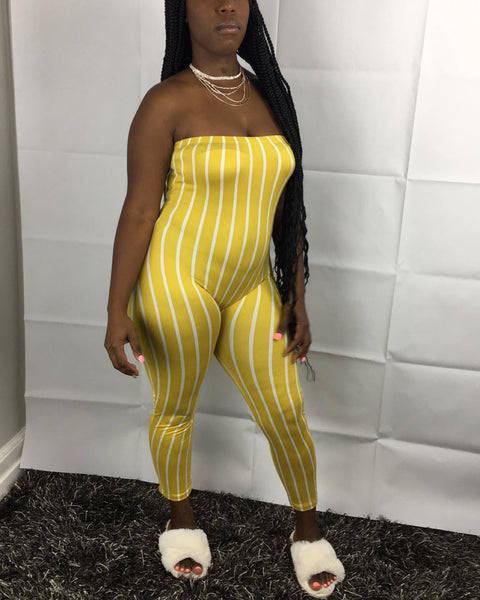 Striped Strapless Bodycon Jumpsuit-Yellow - Oh, It's Me! Boutique
