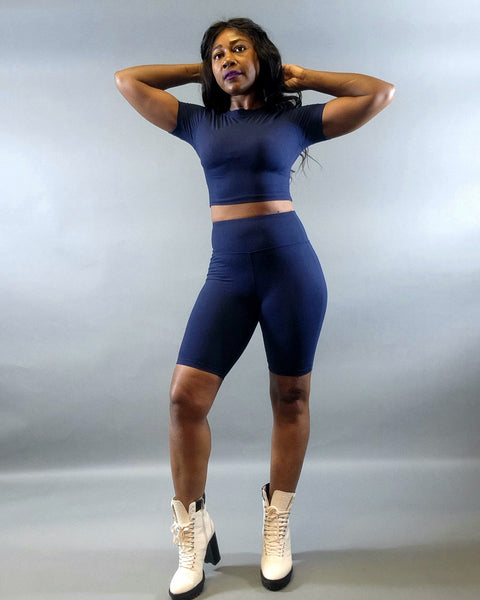 Crop Top & Short Legging Set-Navy - Oh, It's Me! Boutique