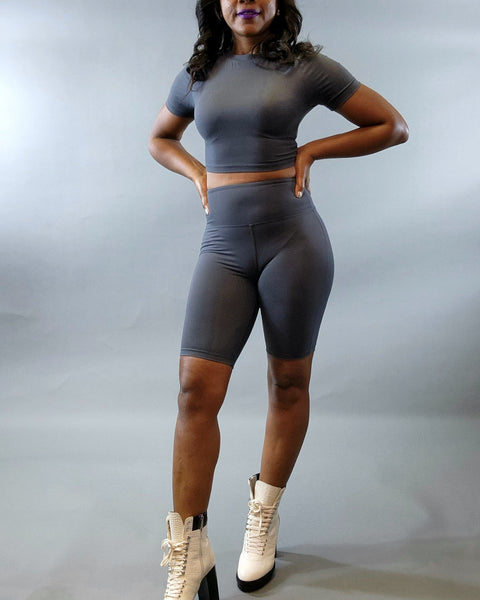Crop Top & Short Legging Set-Ash Grey - Oh, It's Me! Boutique