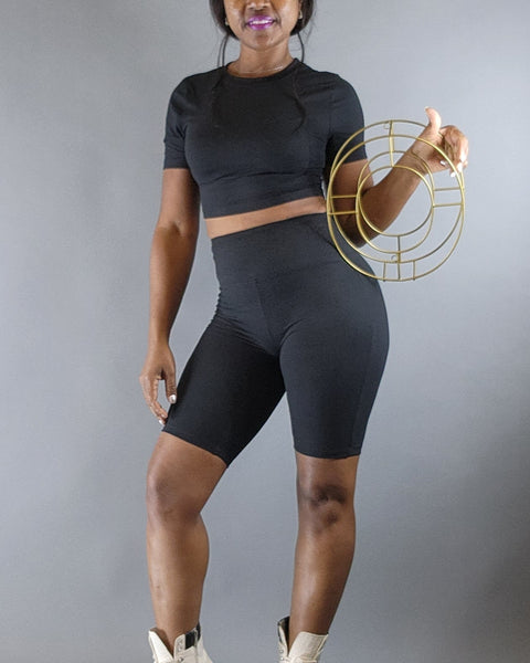 Crop Top & Short Legging Set-Black - Oh, It's Me! Boutique